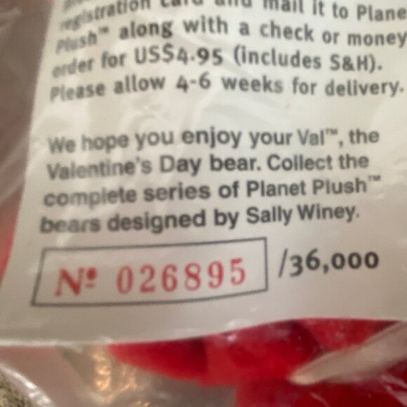 VAL & TYNE BEARS Valentine Planet Plush Beanie Sally Winey Mint in Sealed Bags - Picture 7 of 7